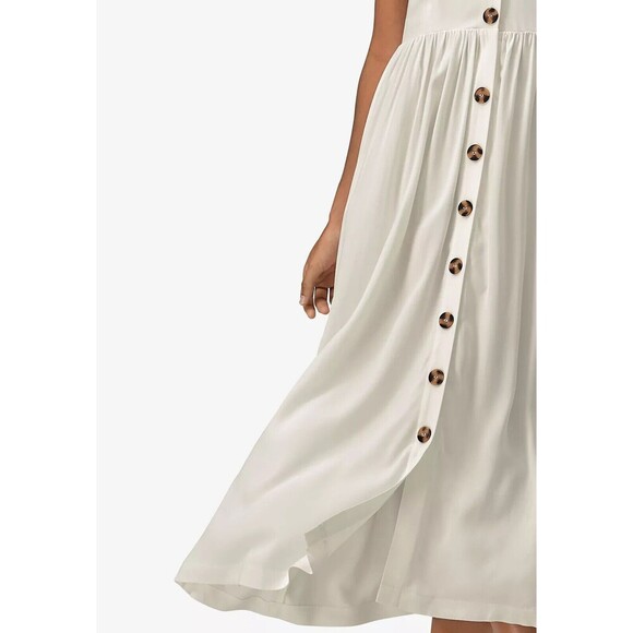 Cottagecore Midi Dress Button Front A-Line White Plus Size 24 V-Neck Smocked - Picture 8 of 16